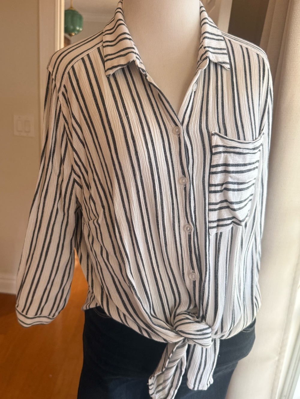 Vixbe from Stitch Fix Striped Tie-Front Button-Up Shirt - White/Black